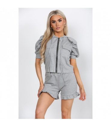 Front Pocket Zip Up Suit Ribbed Hooded Lounge Wear Short Set
