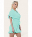 Pleated Ruffle Shirt Short Playsuit With Frill Hems