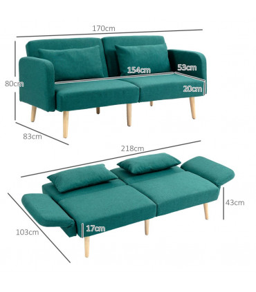 HOMCOM Convertible Sofa Bed Settee with Cushions, Adjustable Backrest, Green