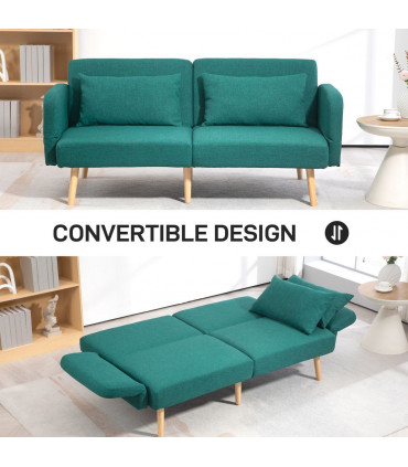 HOMCOM Convertible Sofa Bed Settee with Cushions, Adjustable Backrest, Green