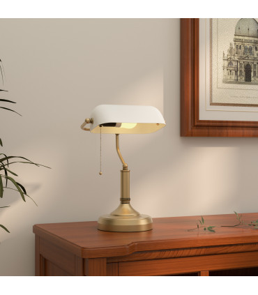 HOMCOM Banker's Table Lamp w/ Antique Bronze Tone Base, White