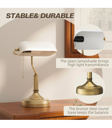 HOMCOM Banker's Table Lamp w/ Antique Bronze Tone Base, White