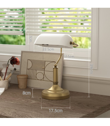 HOMCOM Banker's Table Lamp w/ Antique Bronze Tone Base, White