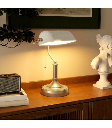 HOMCOM Banker's Table Lamp w/ Antique Bronze Tone Base, White