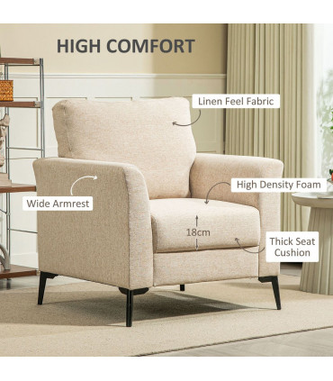 HOMCOM Linen Fabric Modern Accent Chair with Metal Legs, Wood Frame, Beige