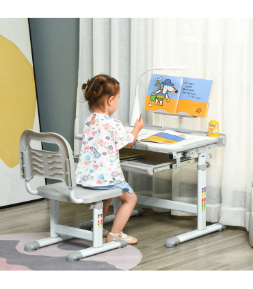Kids Study Desk and Chair Set w/ USB Lamp, Adjustable Height - Grey - MDF - 50CM