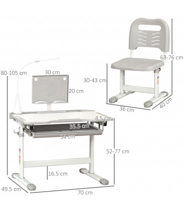 Kids Study Desk and Chair Set w/ USB Lamp, Adjustable Height - Grey - MDF - 50CM