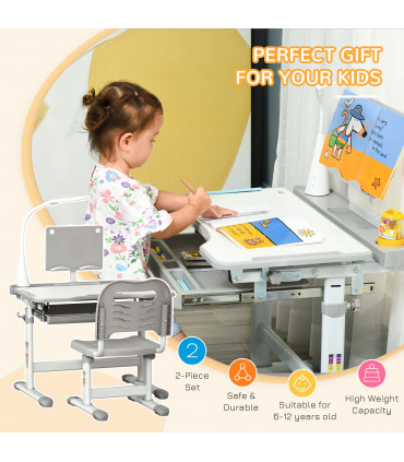 Kids Study Desk and Chair Set w/ USB Lamp, Adjustable Height - Grey - MDF - 50CM
