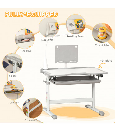 Kids Study Desk and Chair Set w/ USB Lamp, Adjustable Height - Grey - MDF - 50CM