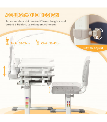 Kids Study Desk and Chair Set w/ USB Lamp, Adjustable Height - Grey - MDF - 50CM