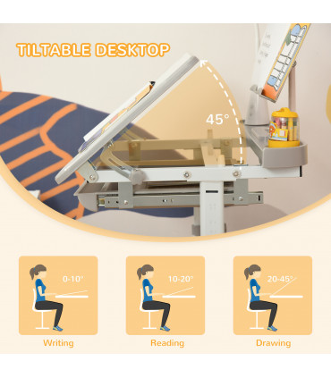 Kids Study Desk and Chair Set w/ USB Lamp, Adjustable Height - Grey - MDF - 50CM