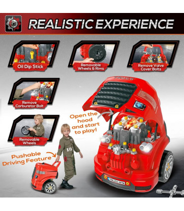 Kids Truck Engine Toy Set w/ Horn, Light, Car Key for 3-5 Years Old Red