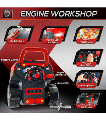 Kids Truck Engine Toy Set w/ Horn, Light, Car Key for 3-5 Years Old Red