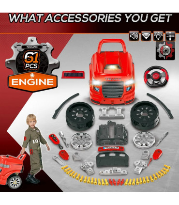 Kids Truck Engine Toy Set w/ Horn, Light, Car Key for 3-5 Years Old Red