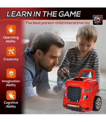 Kids Truck Engine Toy Set w/ Horn, Light, Car Key for 3-5 Years Old Red