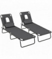 Outsunny Folding Sun Lounger Set of 2 Reclining Chair with Reading Hole Grey