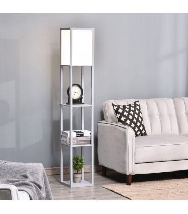 Floor Lamp 4-Tier Grey MDF 26cm x 26cm x 160cm - Light with Storage Shelf