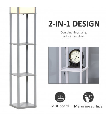 Floor Lamp 4-Tier Grey MDF 26cm x 26cm x 160cm - Light with Storage Shelf