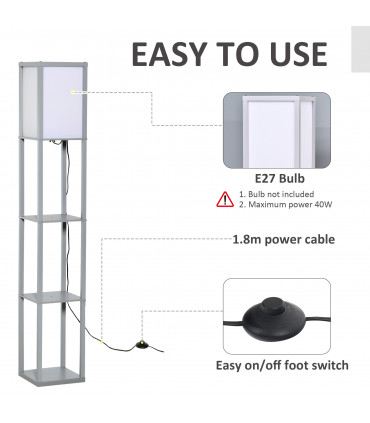 Floor Lamp 4-Tier Grey MDF 26cm x 26cm x 160cm - Light with Storage Shelf