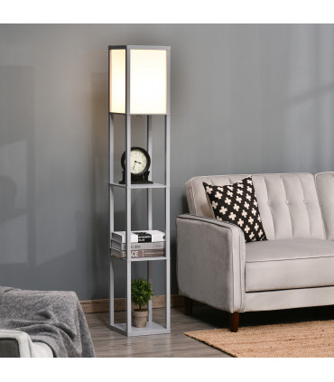 Floor Lamp 4-Tier Grey MDF 26cm x 26cm x 160cm - Light with Storage Shelf