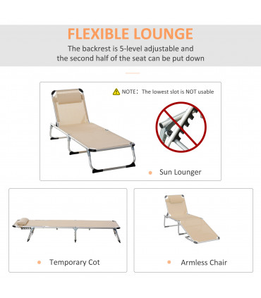 Folding Outdoor Reclining Sun Lounger Chair Aluminium Frame Khaki