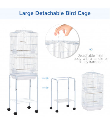 Bird Cage Large White Powder-Coated Metal 157H x 46.5L x 36Wcm Wooden Perches