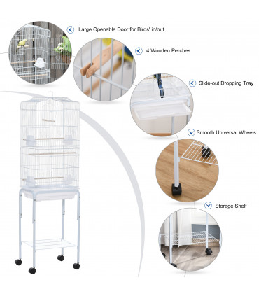 Bird Cage Large White Powder-Coated Metal 157H x 46.5L x 36Wcm Wooden Perches