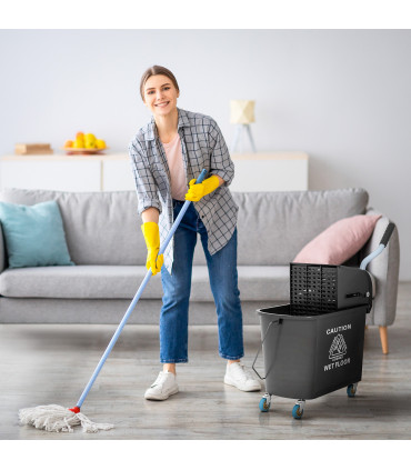 HOMCOM 20L Mop Bucket with Wringer Handle on Wheels for Floor Cleaning Black