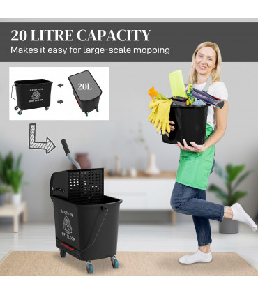 HOMCOM 20L Mop Bucket with Wringer Handle on Wheels for Floor Cleaning Black