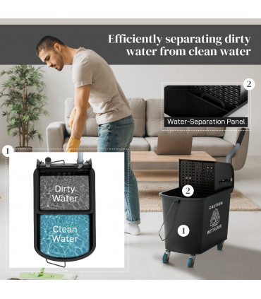 HOMCOM 20L Mop Bucket with Wringer Handle on Wheels for Floor Cleaning Black