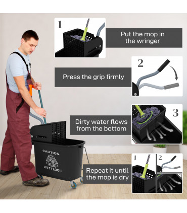HOMCOM 20L Mop Bucket with Wringer Handle on Wheels for Floor Cleaning Black