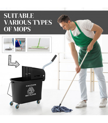 HOMCOM 20L Mop Bucket with Wringer Handle on Wheels for Floor Cleaning Black