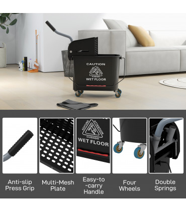 HOMCOM 20L Mop Bucket with Wringer Handle on Wheels for Floor Cleaning Black