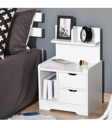 Bedside Table White 40L x 30D x 60H cm 2 Drawers Particle Board Storage Shelves