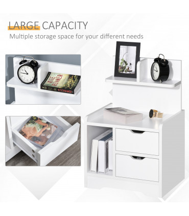 Bedside Table White 40L x 30D x 60H cm 2 Drawers Particle Board Storage Shelves