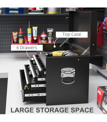 HOMCOM Lockable Metal Tool Chest w/ 6 Drawer, Ball Bearing Runners, Black