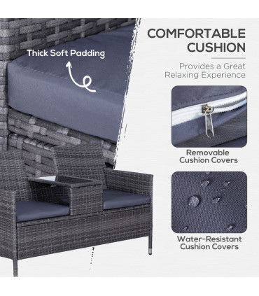 2-Seater PE Rattan Outdoor Garden Bench w/ Centre Table Grey