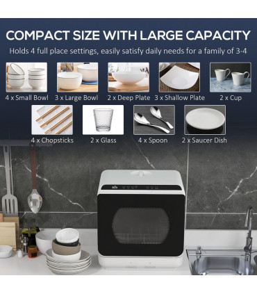 HOMCOM Table Top Dishwasher w/ 4 Place Settings 6 Programmes Fruit Wash Mode