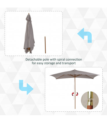 2 x 3m Wood Square Parasol Sun Shade Garden Outdoor Umbrella Canopy Light Grey