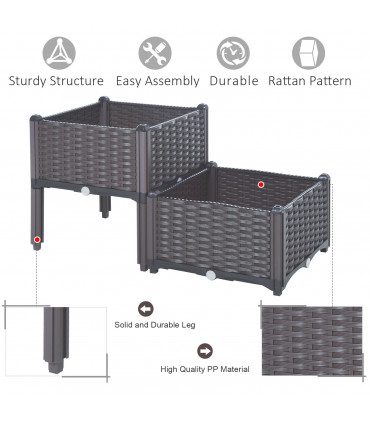 PP Set Of 2 Raised Outdoor Garden Planter Box Brown