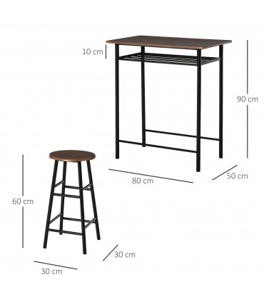 Bar Set Black MDF Table 80cmx50cmx90cm 2 Stools Metal Frame Oak Compact Size