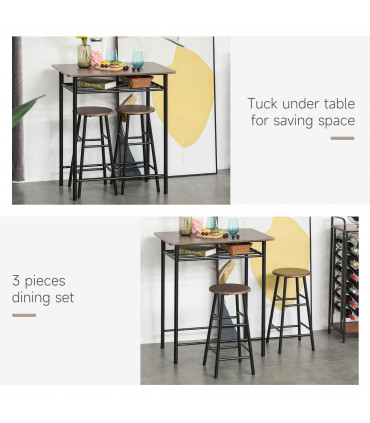 Bar Set Black MDF Table 80cmx50cmx90cm 2 Stools Metal Frame Oak Compact Size