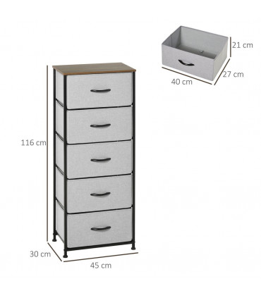 Fabric Grey 5 Drawer Chest of Drawers 45W x 30D x 116H cm Wood Top Storage