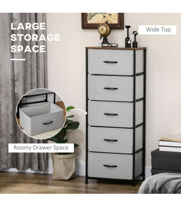 Fabric Grey 5 Drawer Chest of Drawers 45W x 30D x 116H cm Wood Top Storage