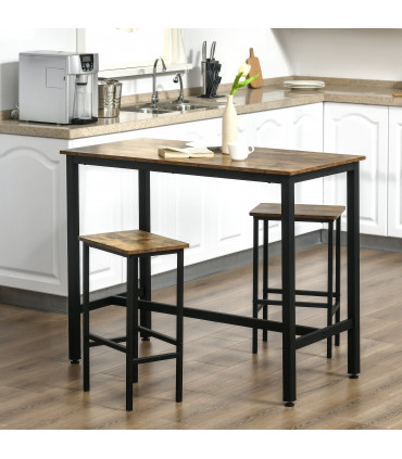 Industrial Bar Table Set, 2 Stools, 3PC Counter Height Rustic Brown