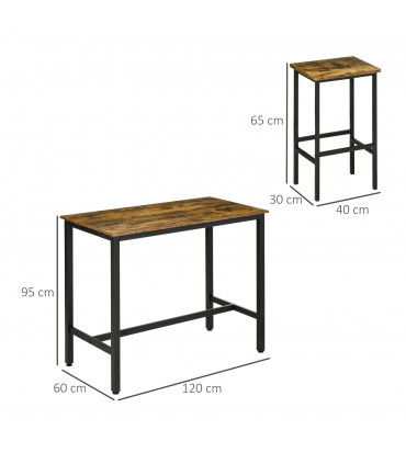 Industrial Bar Table Set, 2 Stools, 3PC Counter Height Rustic Brown
