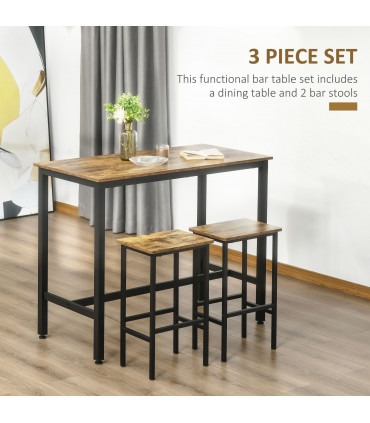 Industrial Bar Table Set, 2 Stools, 3PC Counter Height Rustic Brown