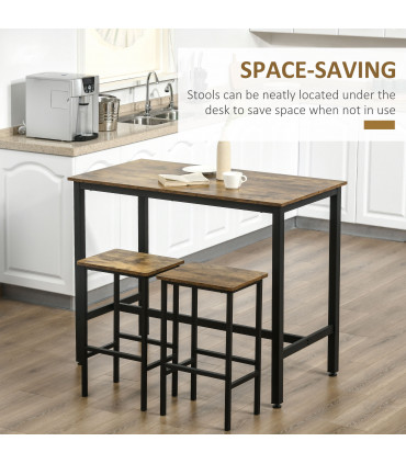 Industrial Bar Table Set, 2 Stools, 3PC Counter Height Rustic Brown
