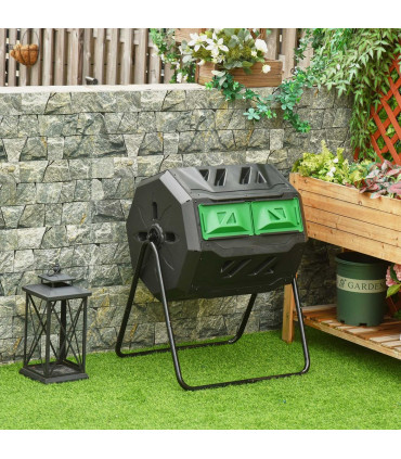 160L Outdoor Tumbling Compost Bin w/ Dual Chamber, Sliding Doors, Black