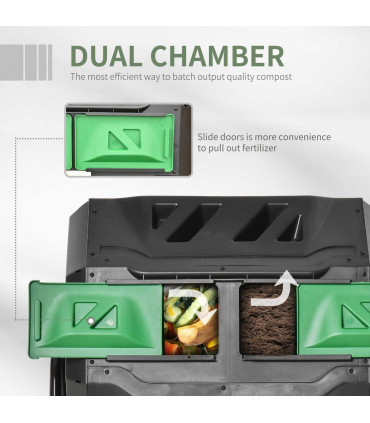 160L Outdoor Tumbling Compost Bin w/ Dual Chamber, Sliding Doors, Black